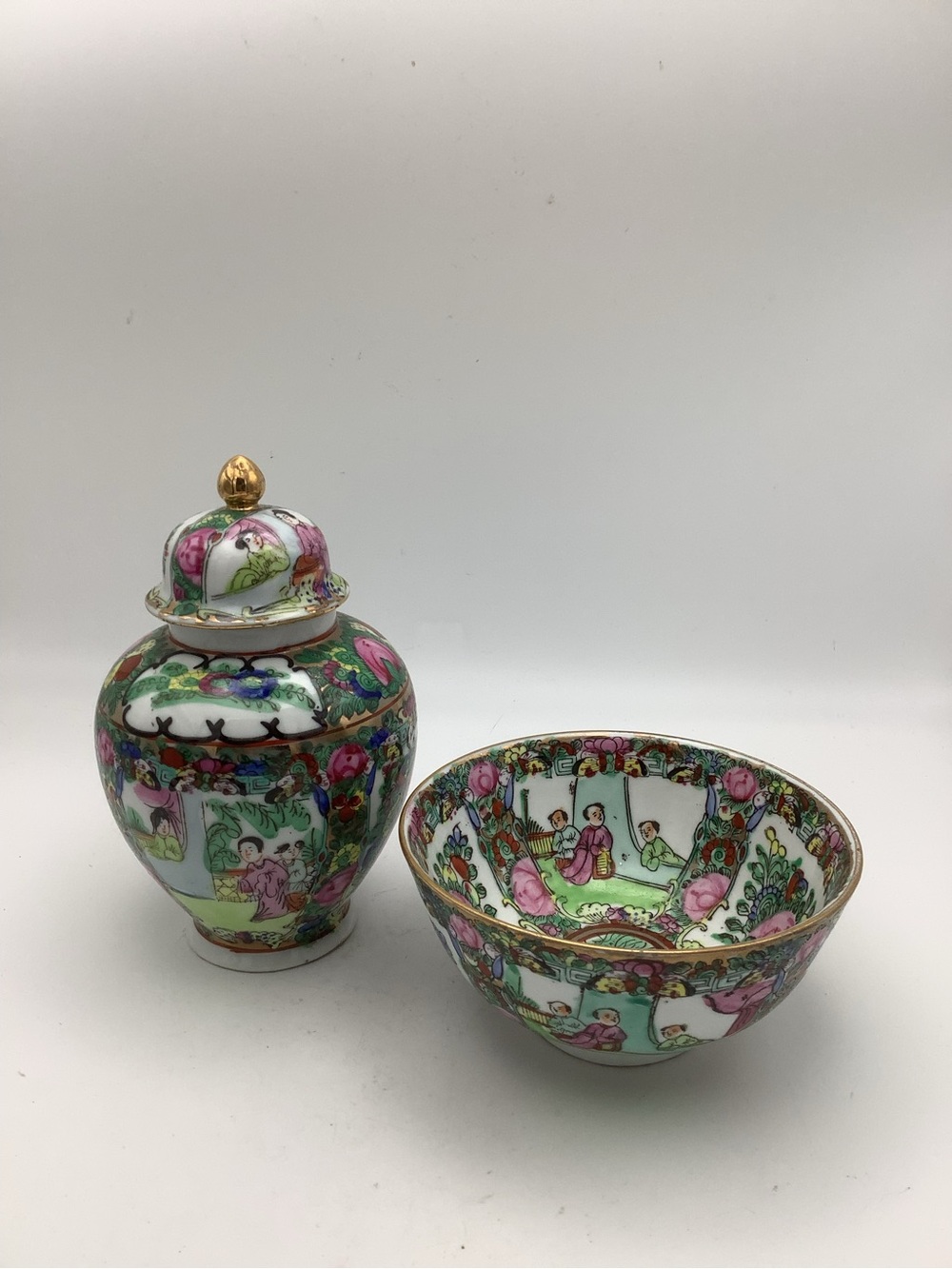 Hand-Painted Porcelain Ginger Jar and Bowl Set in Pink and Green